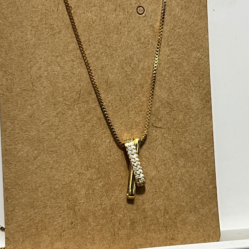 Gold‎ Tone Interlocking Bar Pendant Necklace with Pavé Crystals Box Chain - Picture 2 of 6
